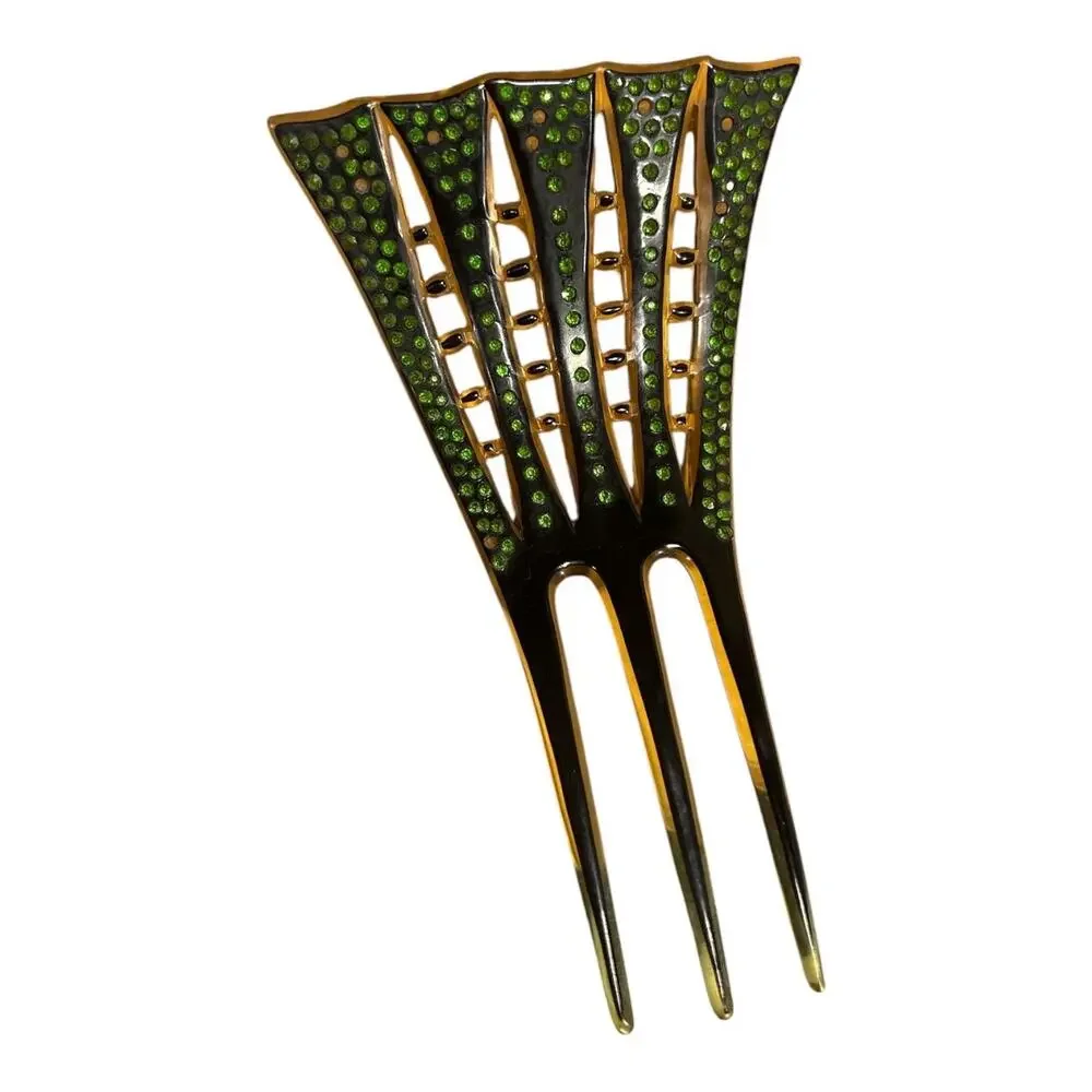 Art Deco Black Enamel & Green Rhinestone Hair Comb Decorative Hair Comb 1920-30s
